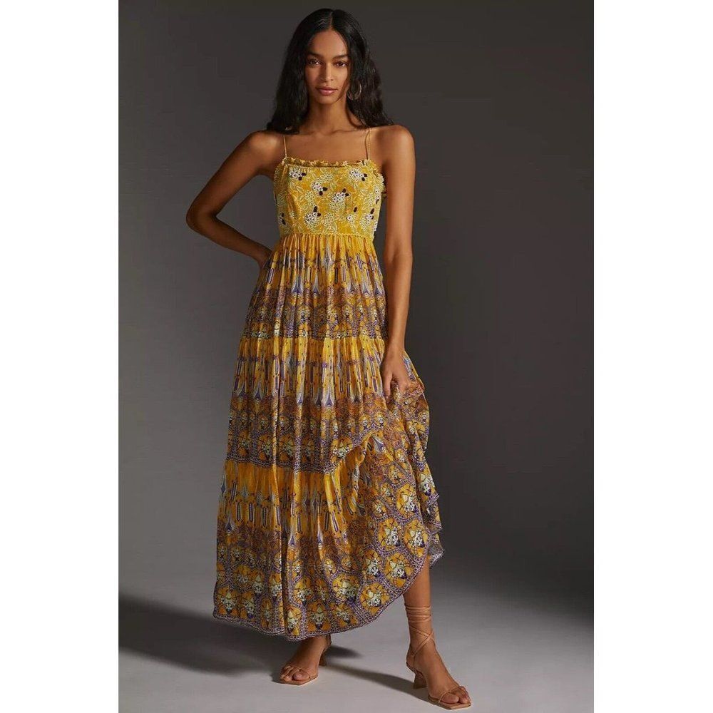 NWT ANTHROPOLOGIE Sz 10 PRINTED JACQUARD MAXI SUMMER DRESS BHANUNI BY JYOTI